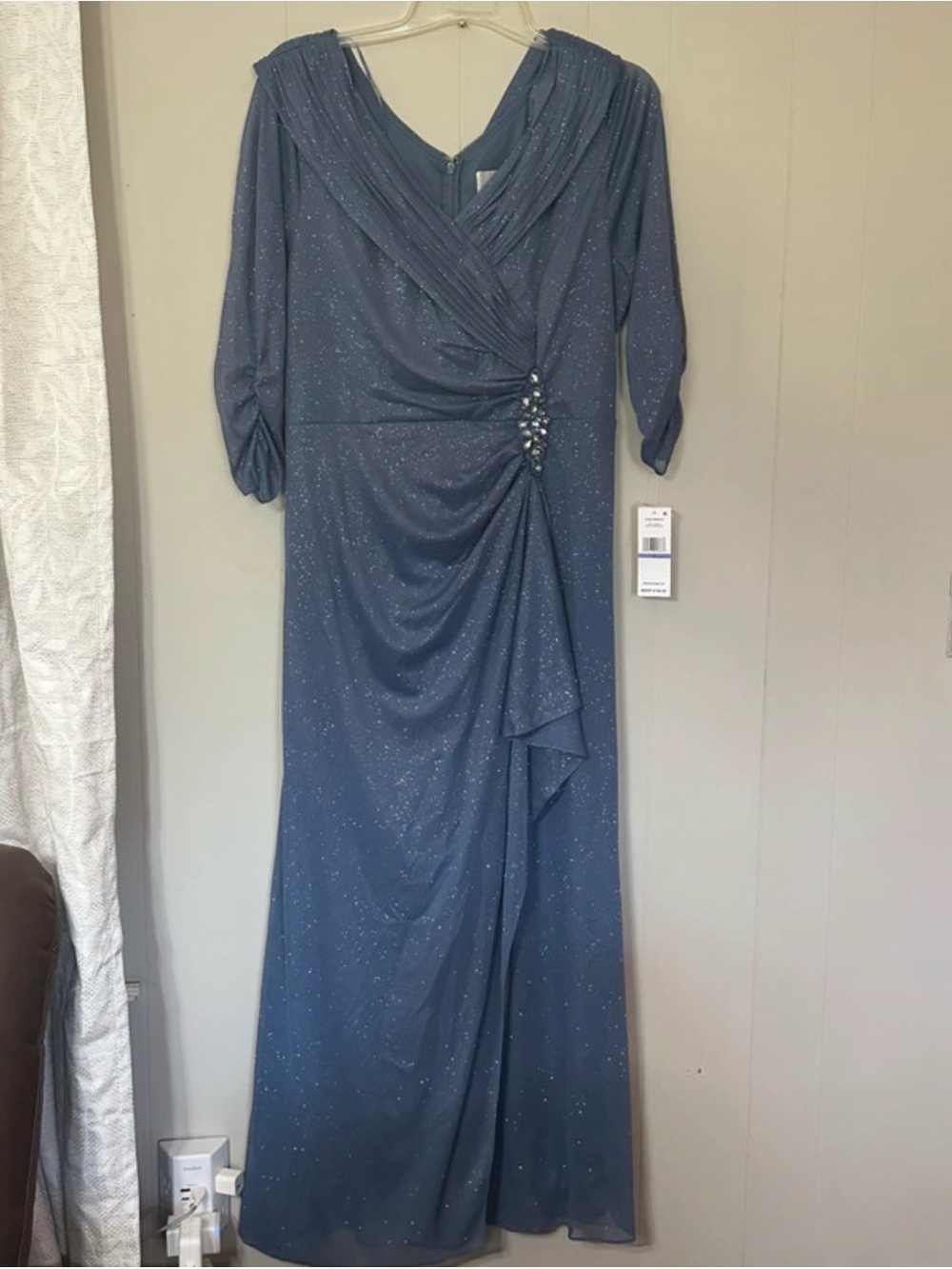 Alex Evenings Slate Blue Long Sleeve Evening Dress with Rhinestone Accent